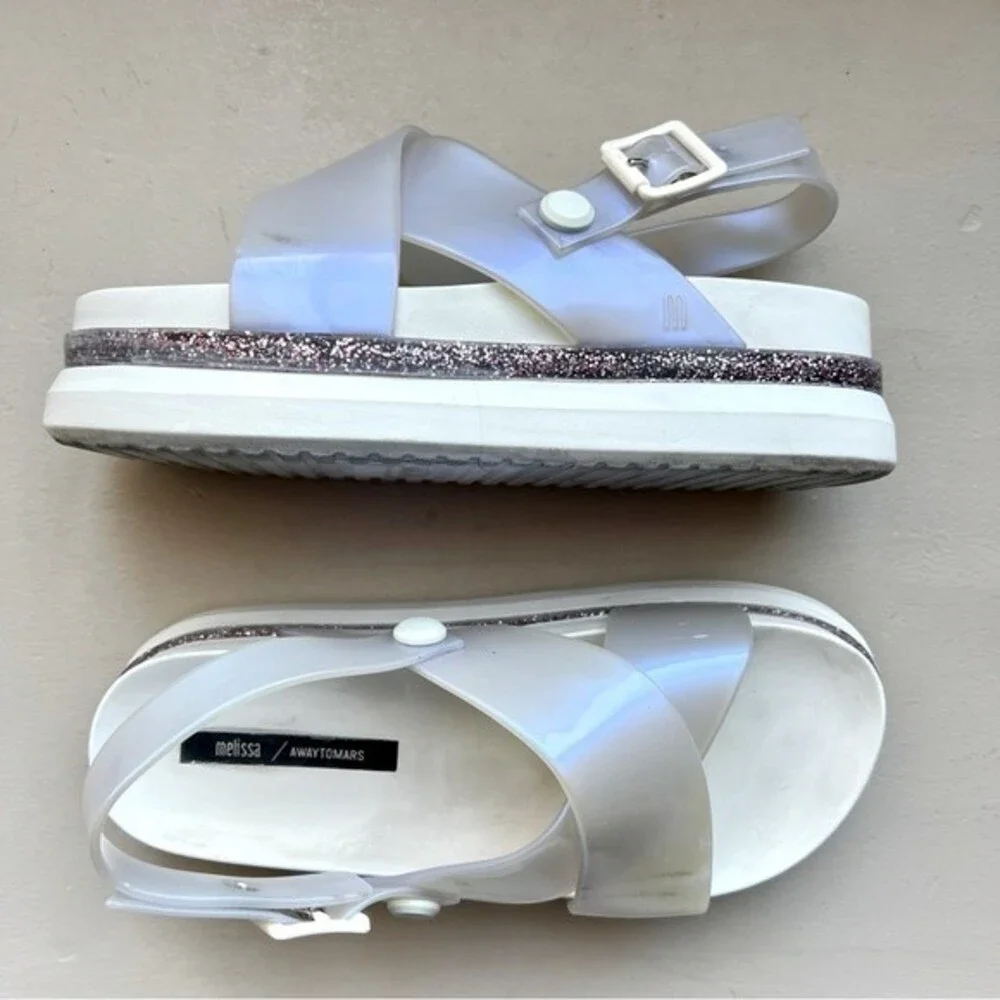 Melissa Awaytomars White Cosmic Sandals II Glitter Platform Soles Women’s Size 6